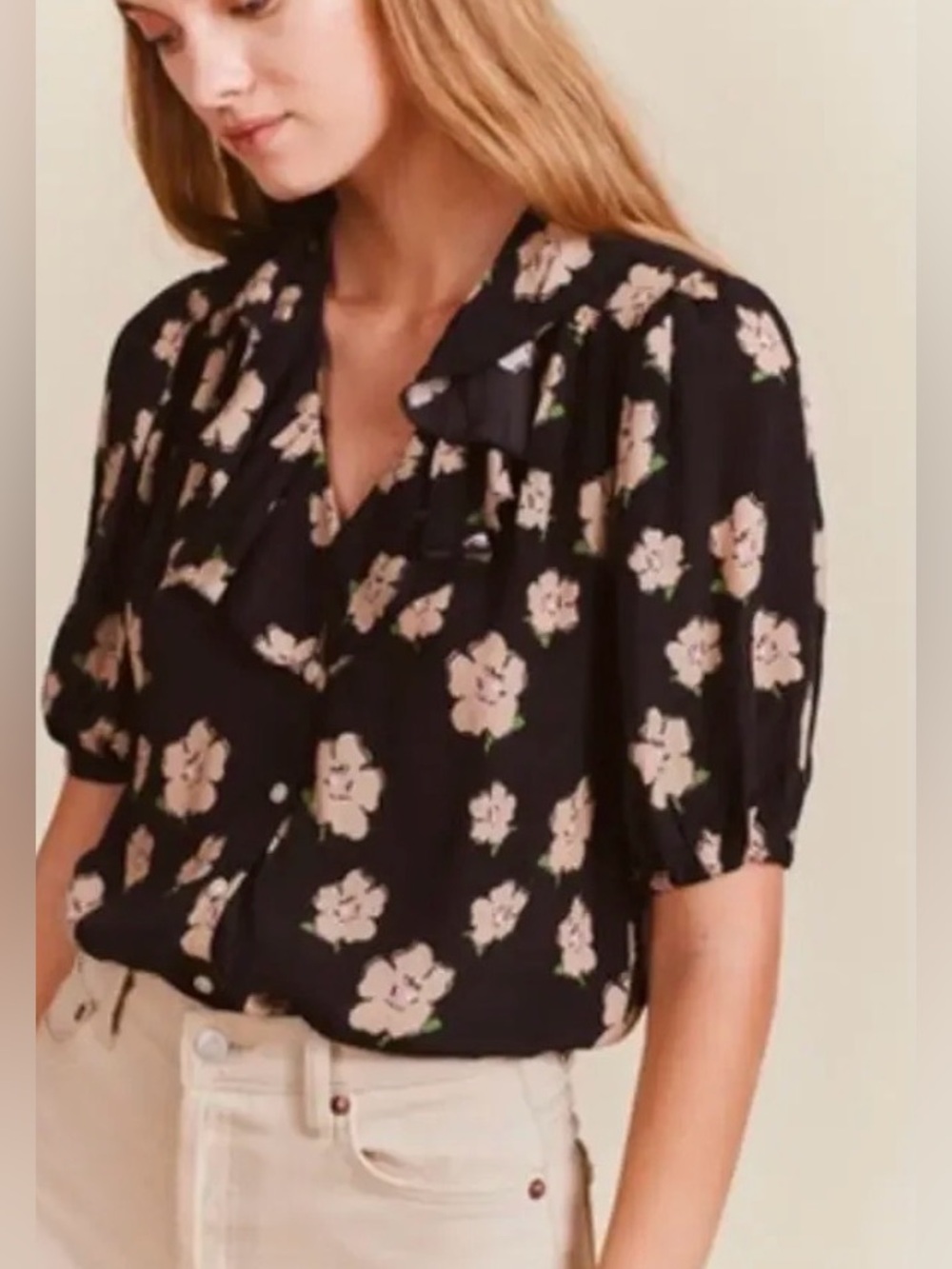 Trovata Black Silk-blend Blouse with Cream Floral Print and Puff Sleeves
